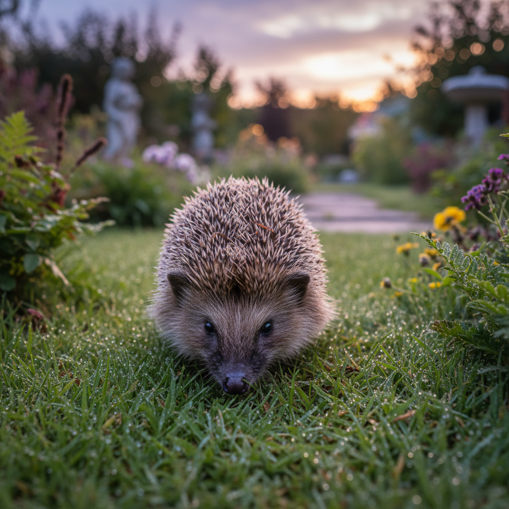 Clover the hedgehog sniffing the ground in a garden at dusk with dew on the grass