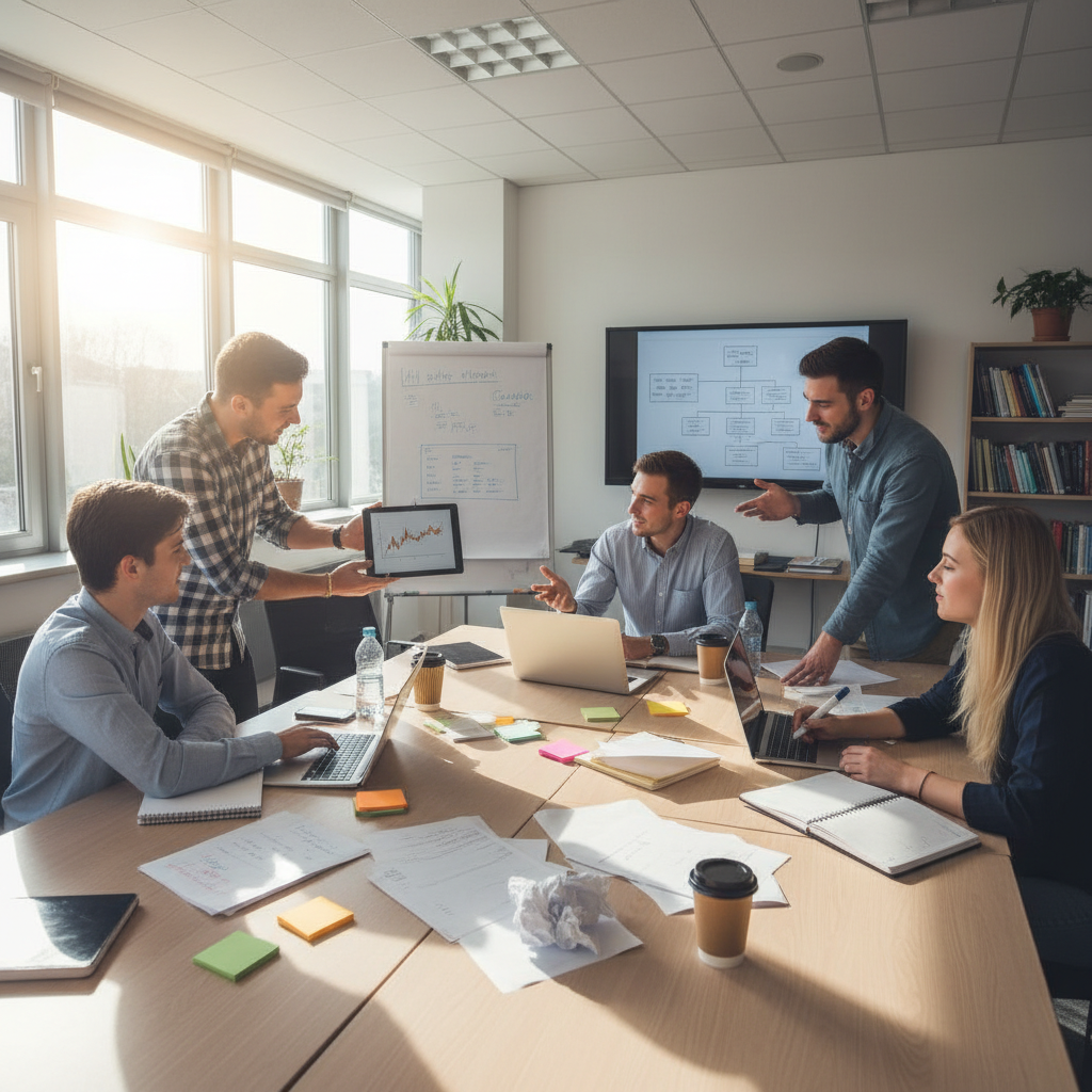Diverse group of five professionals gathered around a tablet in a dimly lit office, collaborating and smiling, high-tech workspace