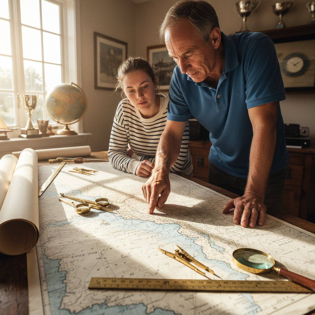 Sailing instructor pointing at nautical chart spread on cockpit table