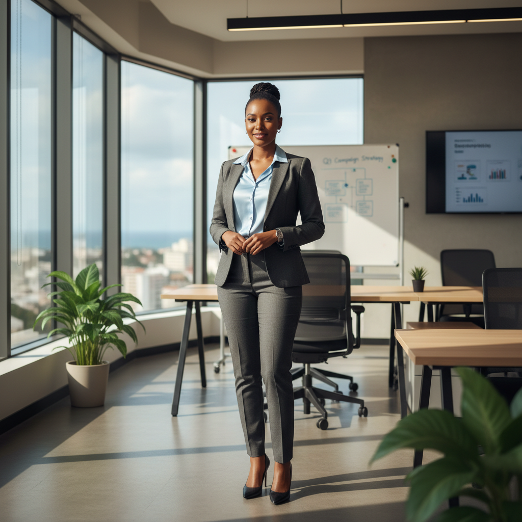 Aisha Okonkwo, professional Black woman, business setting, confident expression