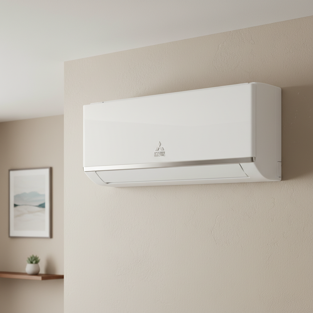 Samsung white split air conditioner mounted on wall in modern room
