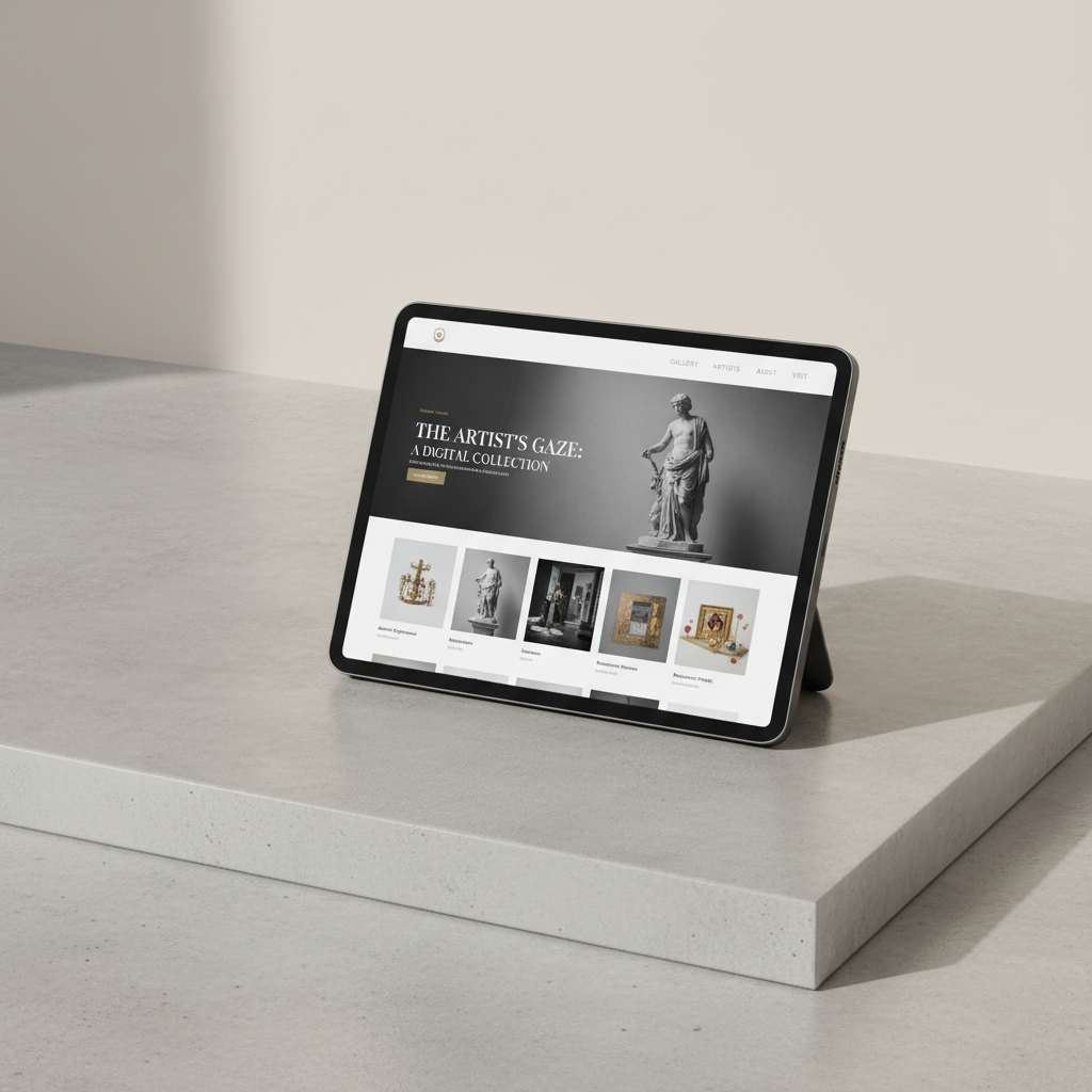 Refined website interface design displayed on minimal device mockup with editorial typography in deep controlled shadows