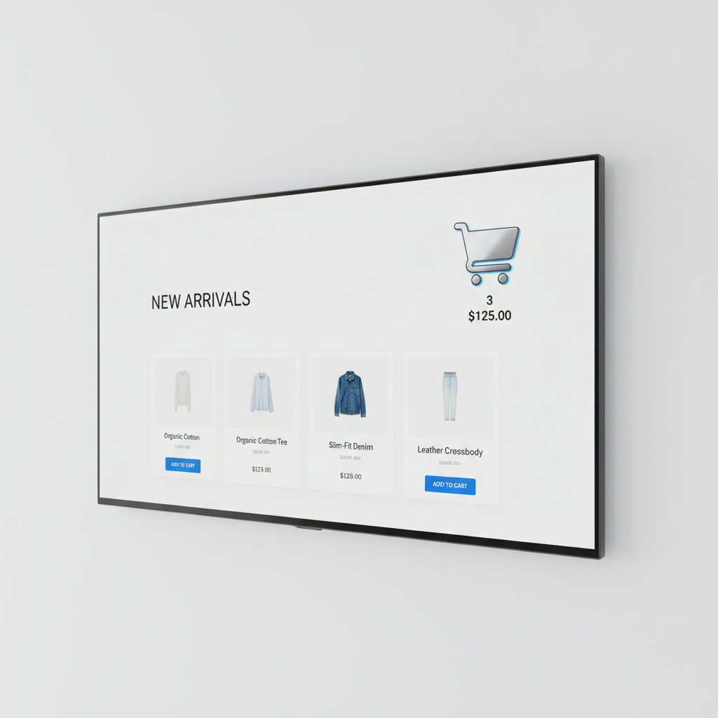 E-commerce product page with clean white layout and shopping cart interface