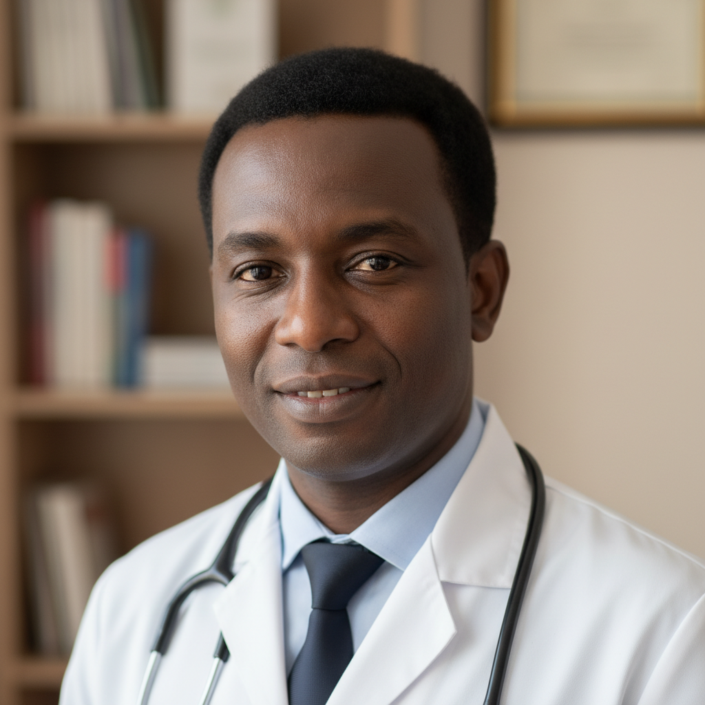 African man in medical professional attire, bright clinical environment, warm smile