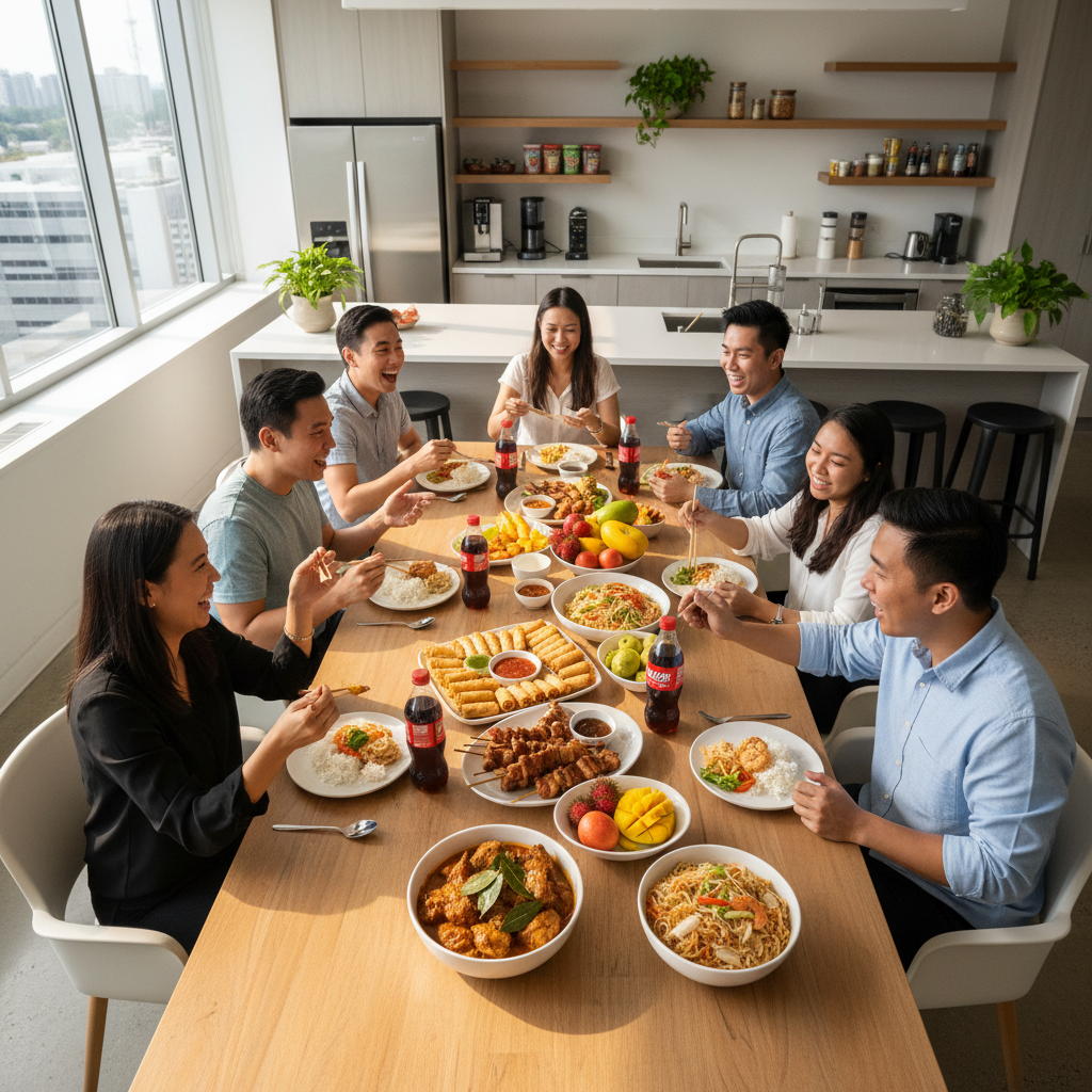 Casual team lunch gathering with Filipino food in office pantry area