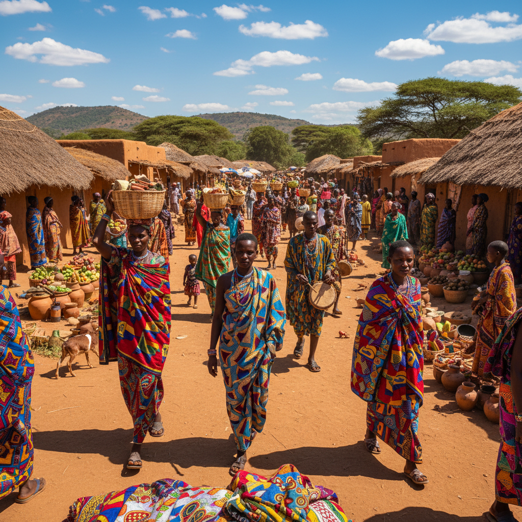 Peinture acrylique colorée représentant un marché africain à l'aube avec des couleurs chaudes