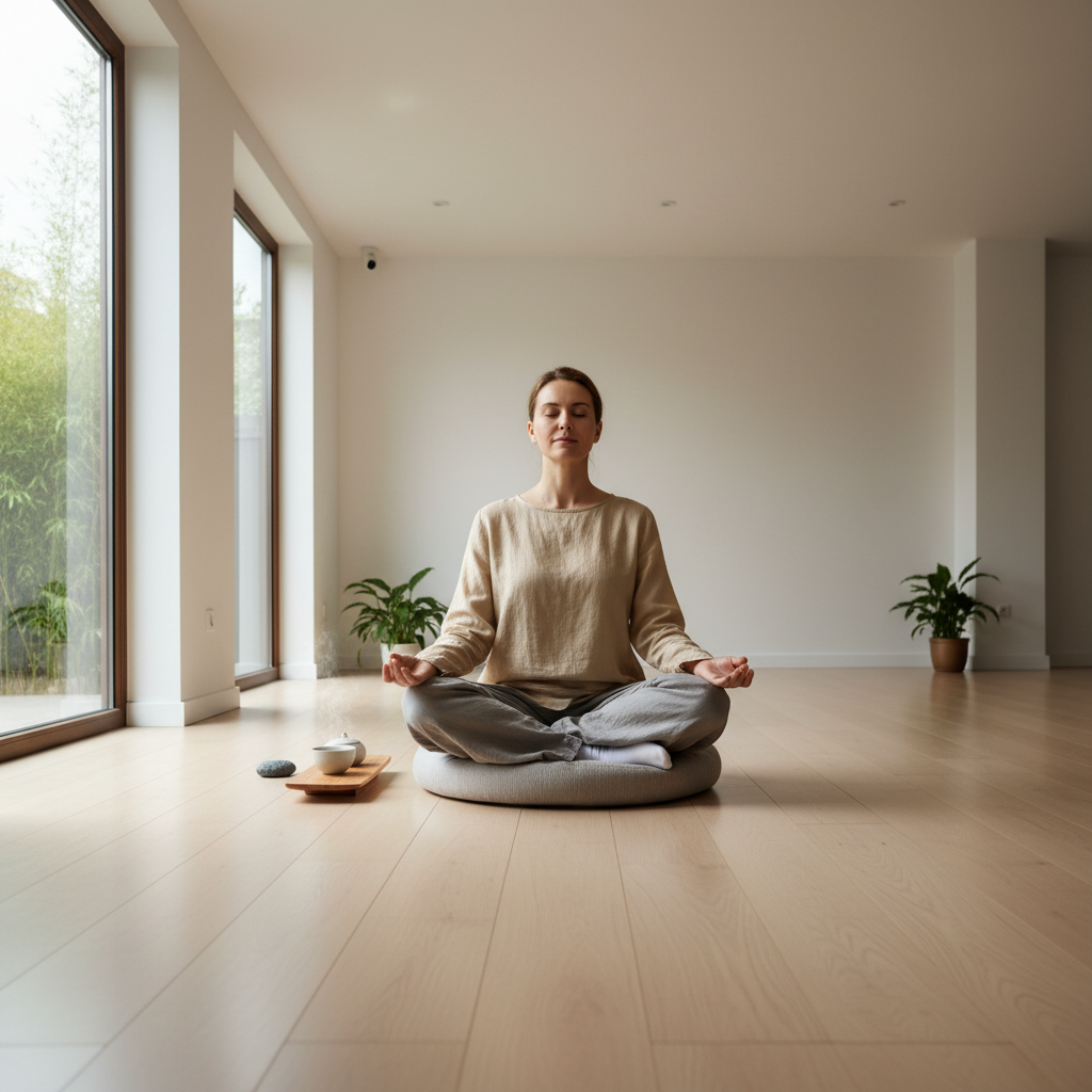 Person meditating peacefully in a serene, sunlit room with plants and a calm, minimal aesthetic