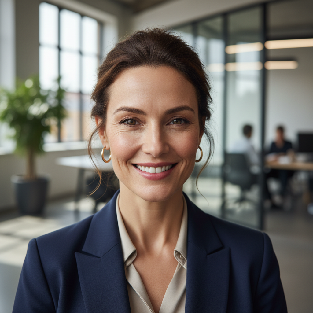 Portrait of Isabelle Moreau, business owner in renovated office space