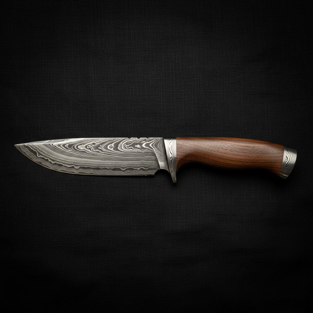 Damascus pattern-welded bowie knife with dark walnut handle on black linen background