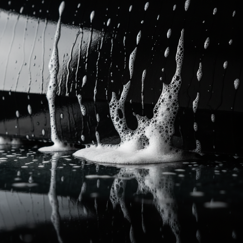 Macro close-up of organic suds sliding off mirror-black automotive paint, revealing a flawless ceramic-coated surface
