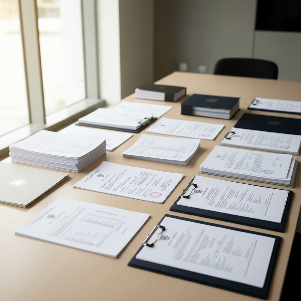 Stack of business documents and contracts on bright white desk, official paperwork, clean office environment