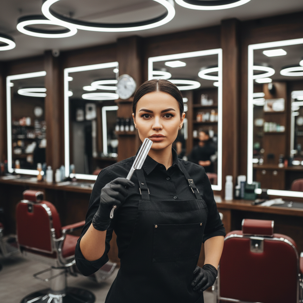 Tanya Osei holding a straight razor with confidence in front of barbershop mirrors