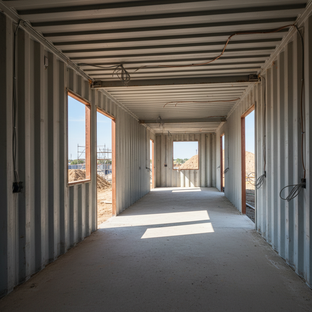 Empty container home shell with unfinished walls and exposed utilities before Vessel staging