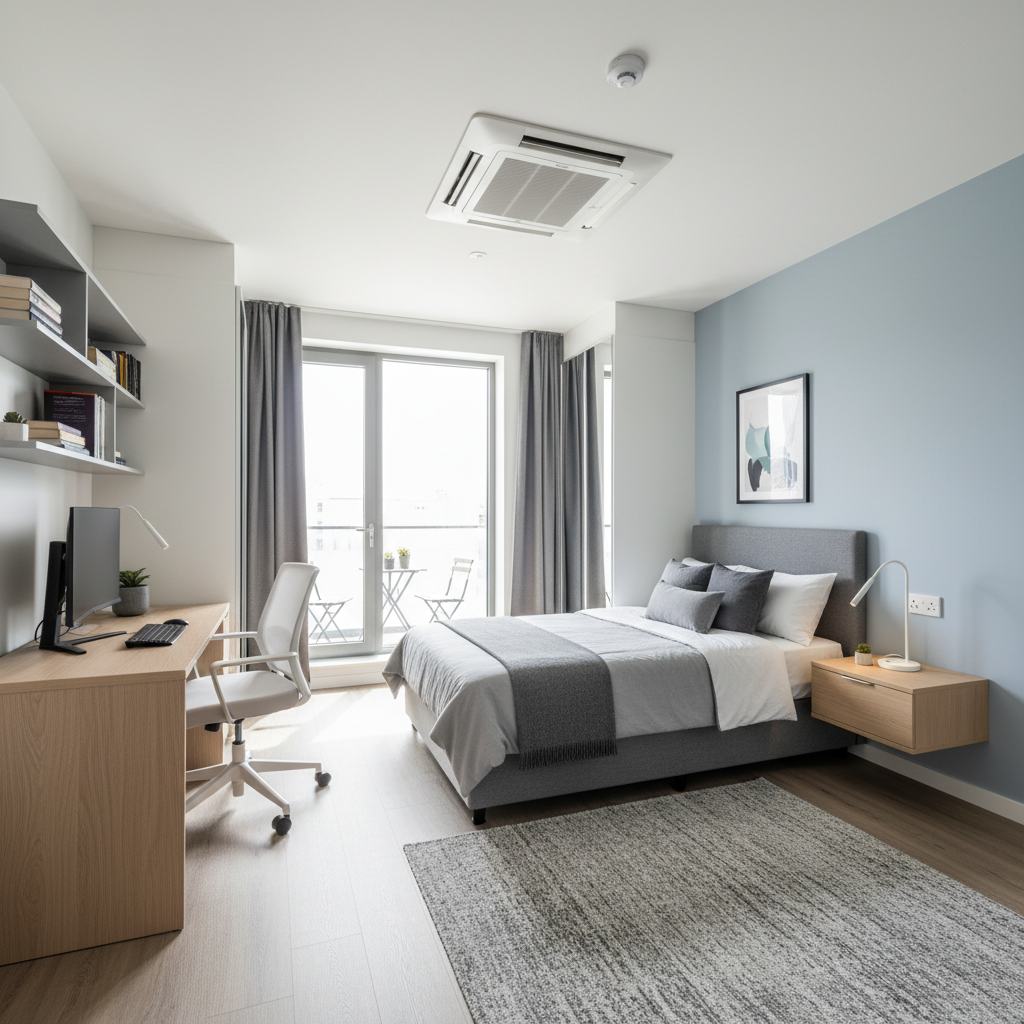 Modern student bedroom interior with blue ambient lighting, clean white walls, study desk, and warm atmospheric glow