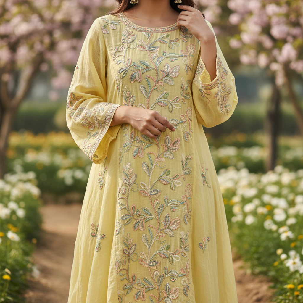Indian woman in yellow cotton kurti with embroidery, casual ethnic wear