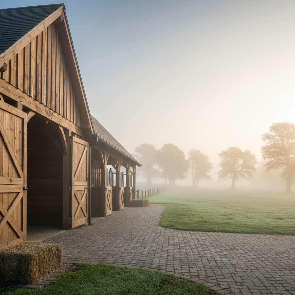 Completed timber-framed horse barn with stall doors open to green pasture on a misty morning