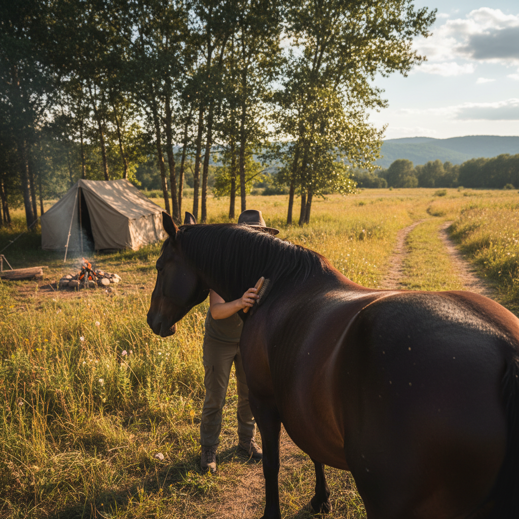 Camper brushing down horse after final ride, quiet moment of connection