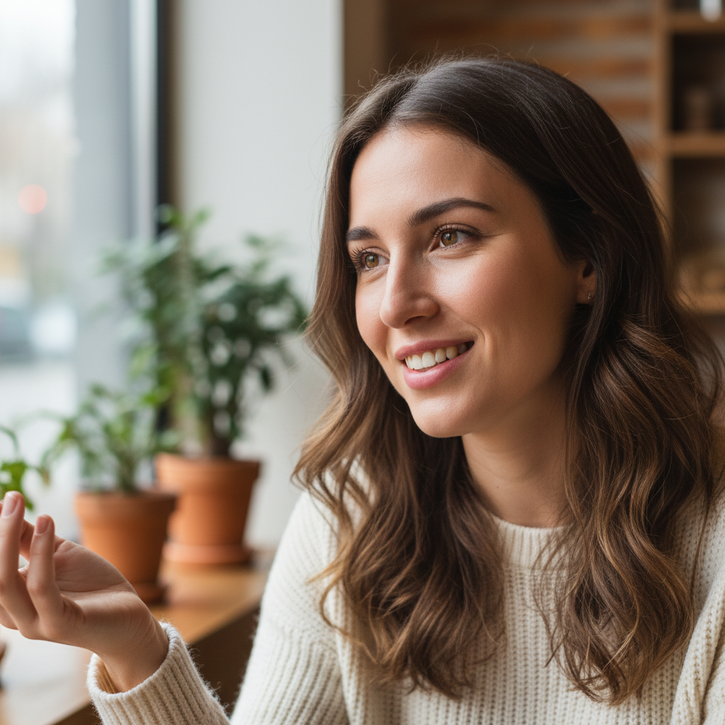 Woman with warm smile, mid-conversation, natural light