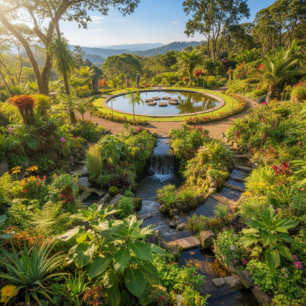 Native Colombian garden with medicinal plants and water features, bright natural daylight, open green space