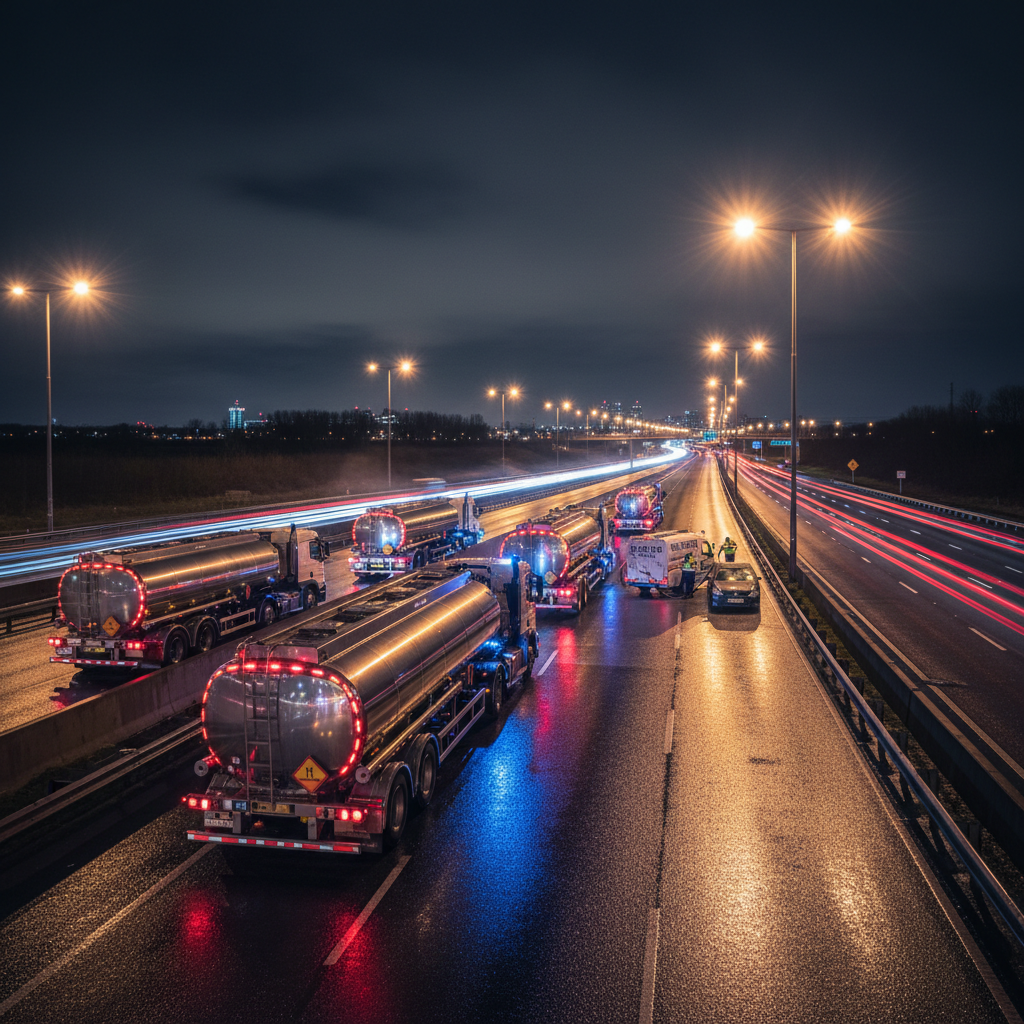 Highway at night, atmospheric low-light, fuel delivery service scene