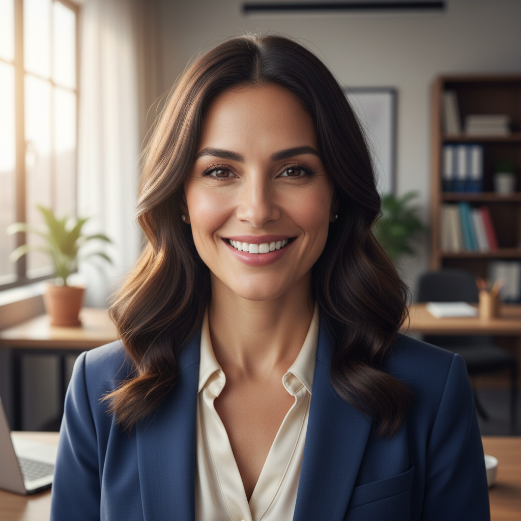 Professional headshot of Latina woman in blazer, warm smile, blurred office background