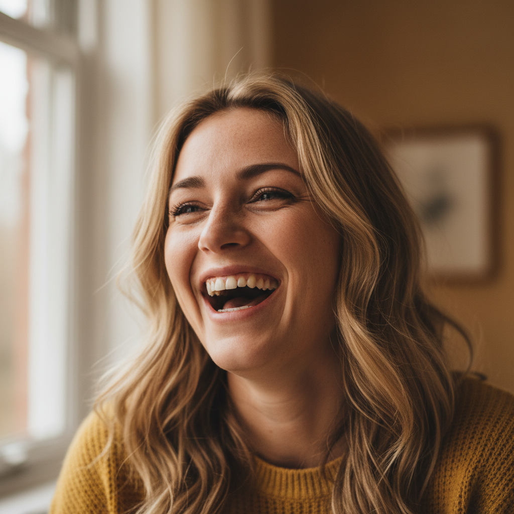 Woman mid-laugh, authentic moment