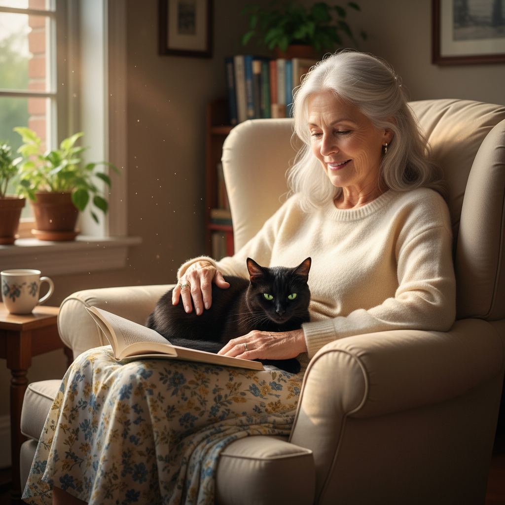 White woman in her 60s with silver hair sitting in a sunlit reading chair with a black cat on her lap