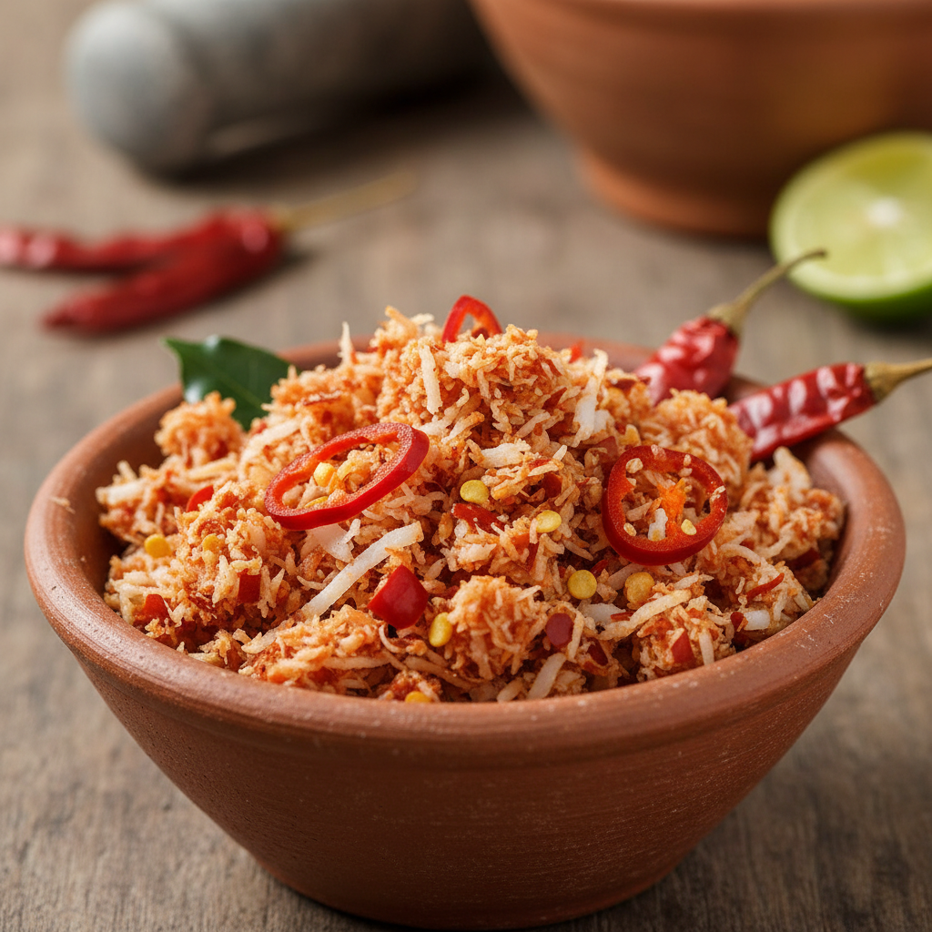 Pol sambol in small clay bowl with vivid red chilli flecks and fresh coconut shreds