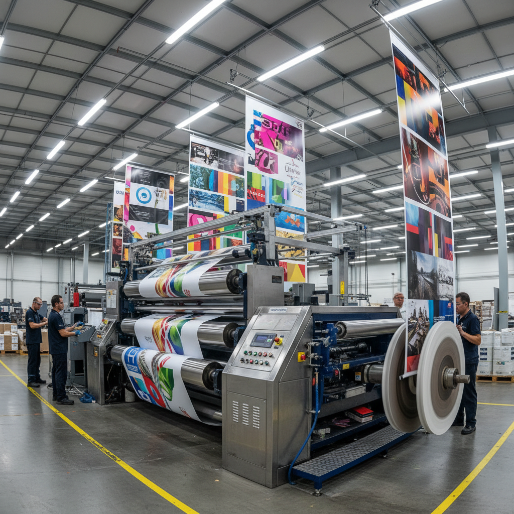 Industrial printing press producing large format corporate banners with vibrant color output in a clean printing facility