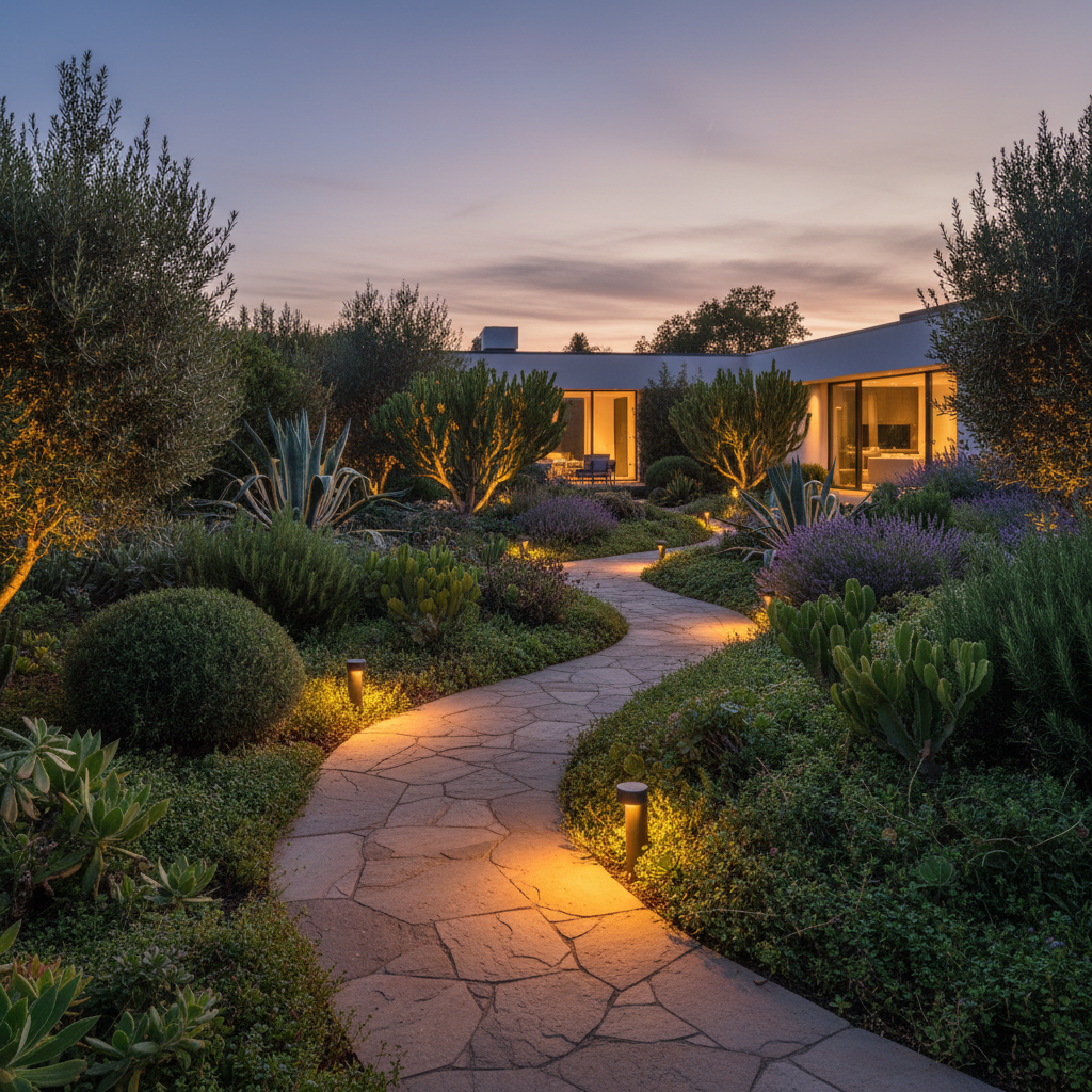 Mature landscape installation one year after completion showing established architectural plantings, healthy ground cover, and LED path lighting at dusk