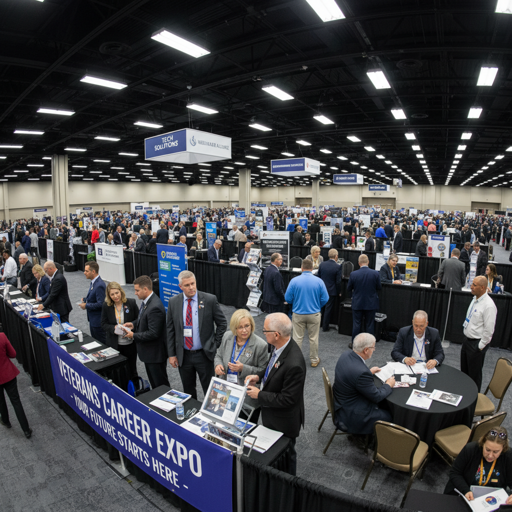 Indoor career expo event with exhibition booths and young people networking, energetic busy atmosphere