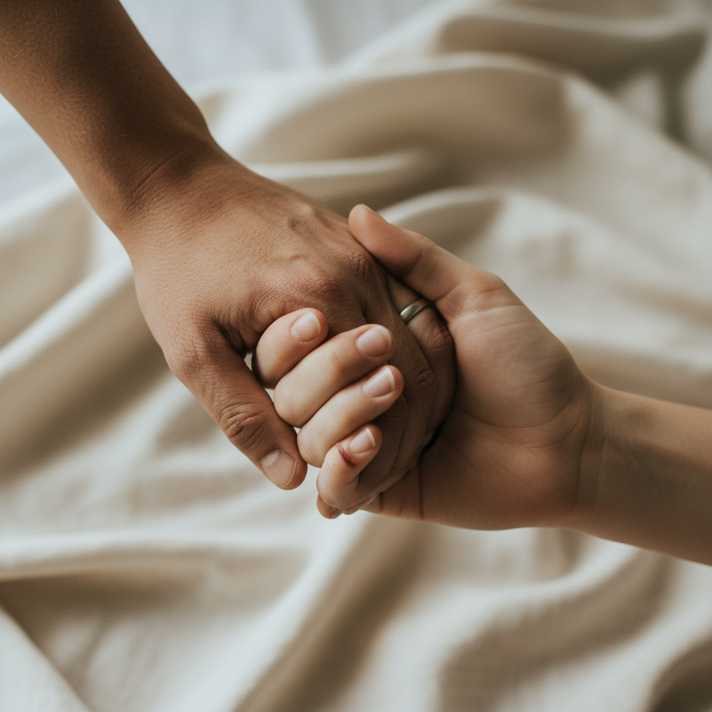 Intimate moment of two people holding hands during ceremony, linen fabric draped nearby