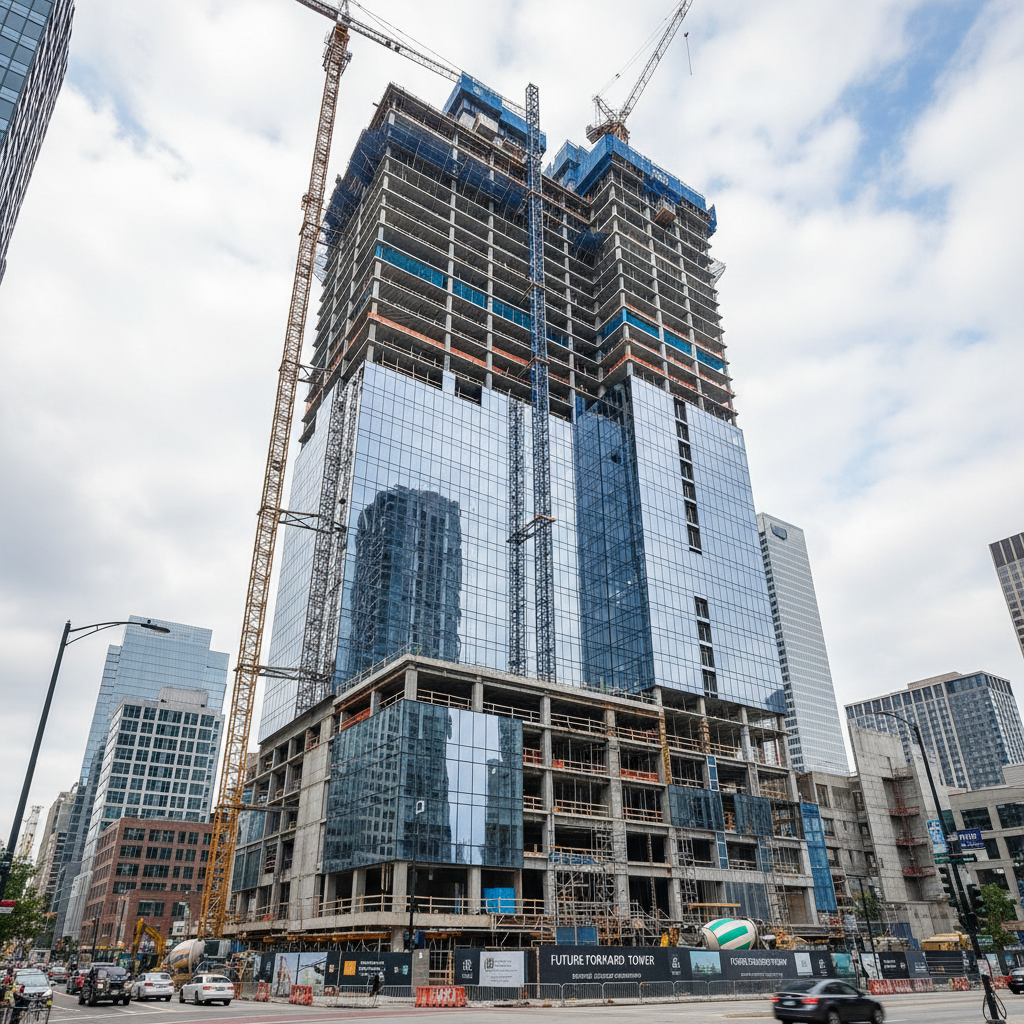 Tall glass and steel skyscraper under construction, cranes visible, overcast sky, dramatic urban Kenya setting