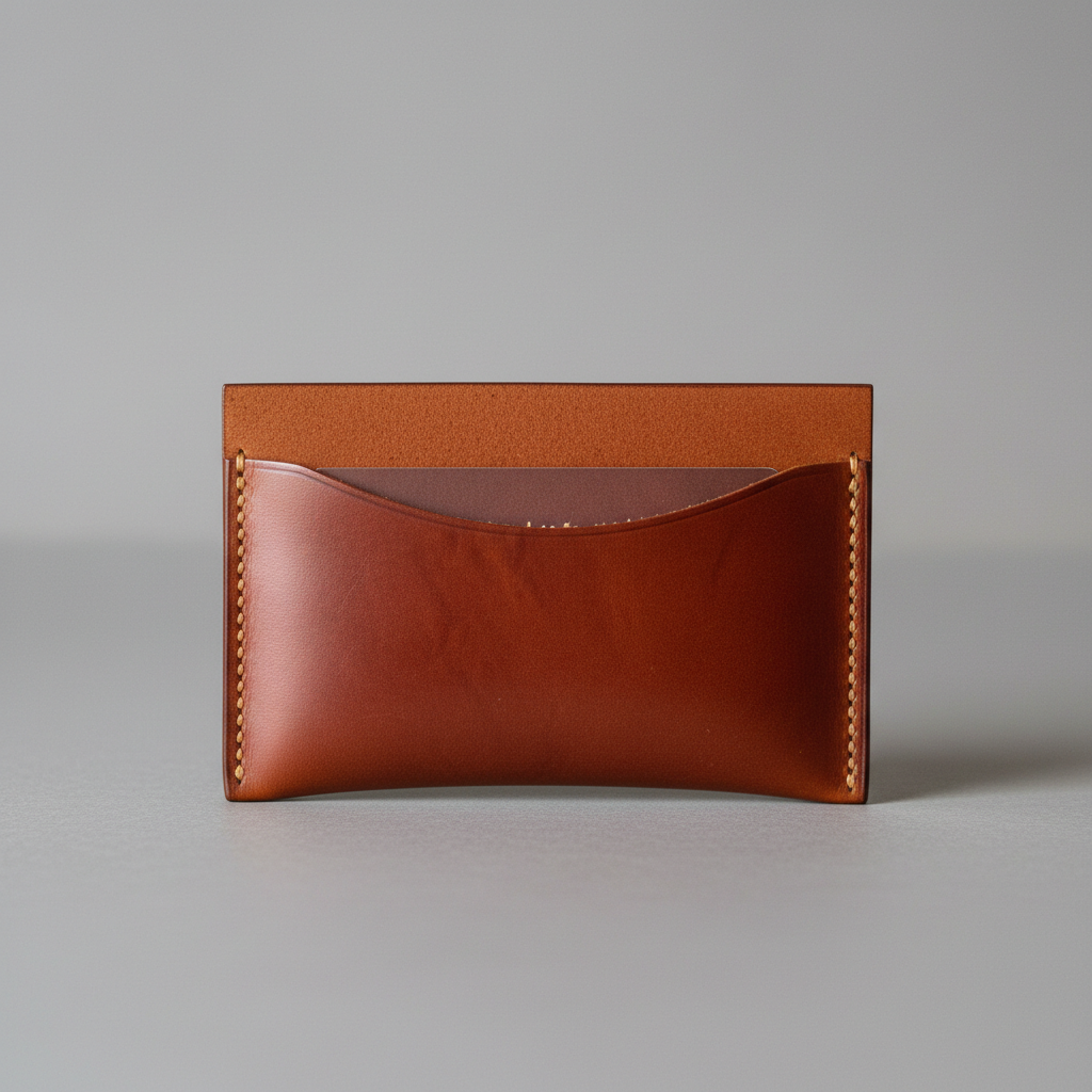 Natural shell cordovan card sleeve showing characteristic burnished surface and tight grain