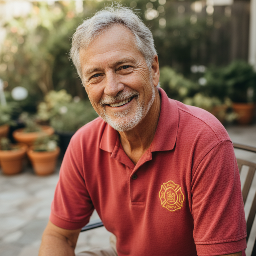 Robert Castellano, a retired firefighter in his early sixties, smiling in casual attire