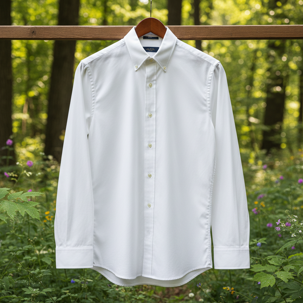 Crisp white Oxford dress shirt on white surface bright natural lighting