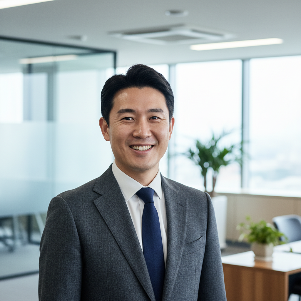 Professional Korean American man in business suit with warm smile in modern office setting
