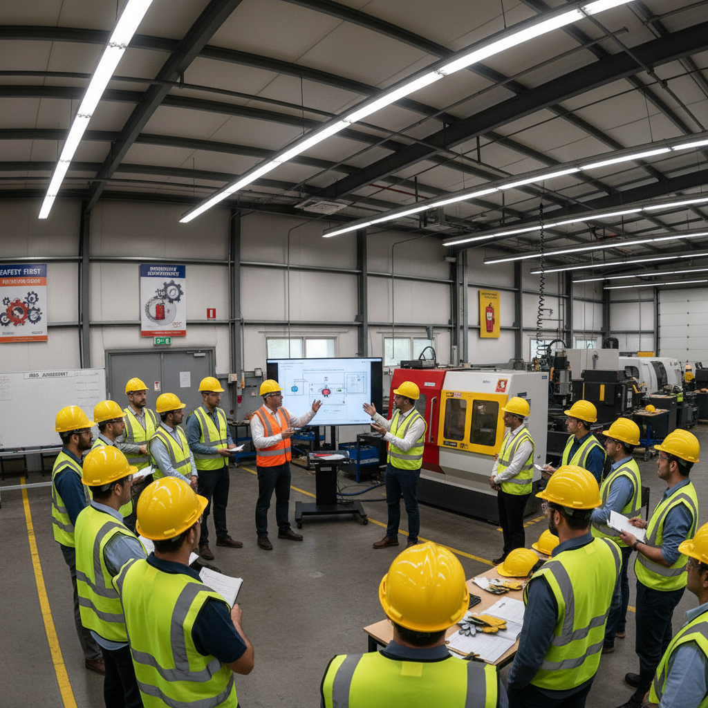 Team of manufacturing workers in safety gear during a training session on the factory floor