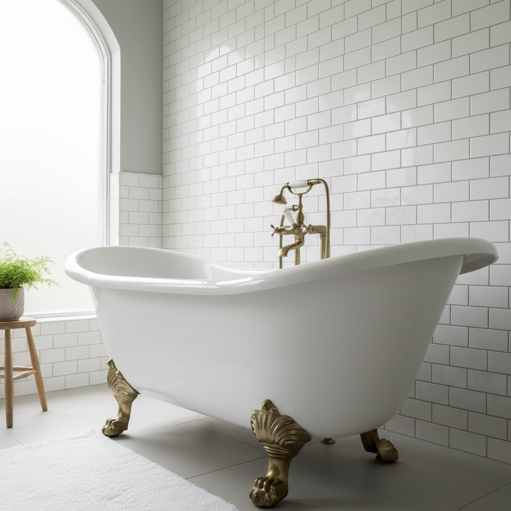 Freestanding claw-foot tub against classic white subway tile
