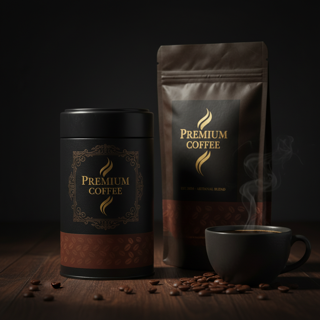 Coffee brand identity materials on dark wooden table, warm ambient lighting, premium packaging