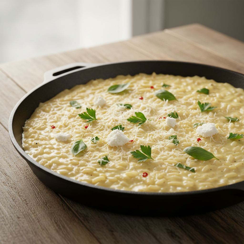Creamy risotto in a wide pan with parmesan and herbs