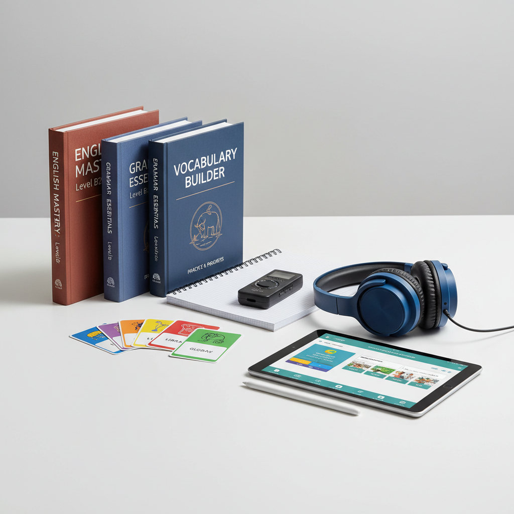 Language learning flashcards and vocabulary study materials spread on table