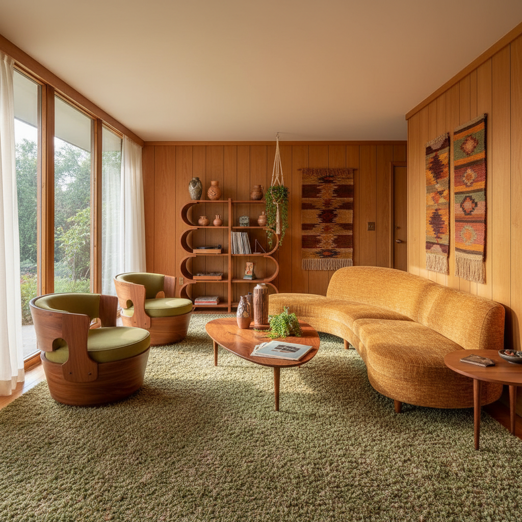 1970s inspired living room with warm wood tones, earthy colors, and organic modernist furniture
