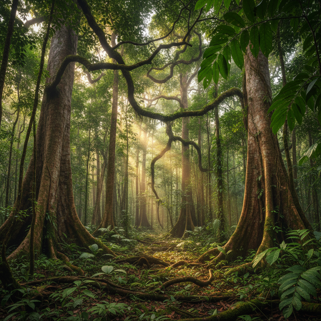 Dense green Hyrcanian forest with tall ancient trees and sunlight filtering through canopy