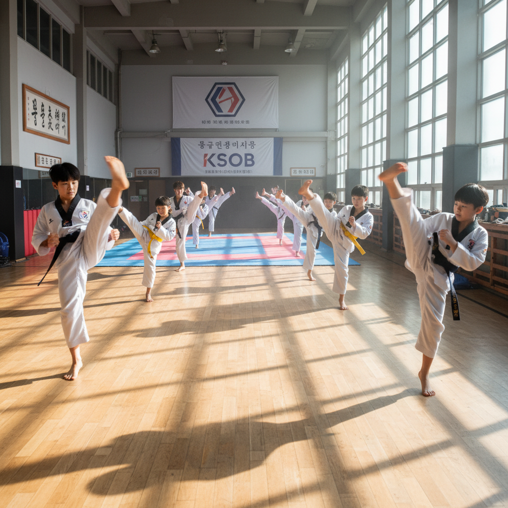 Kickboxer executing high kick in bright training hall