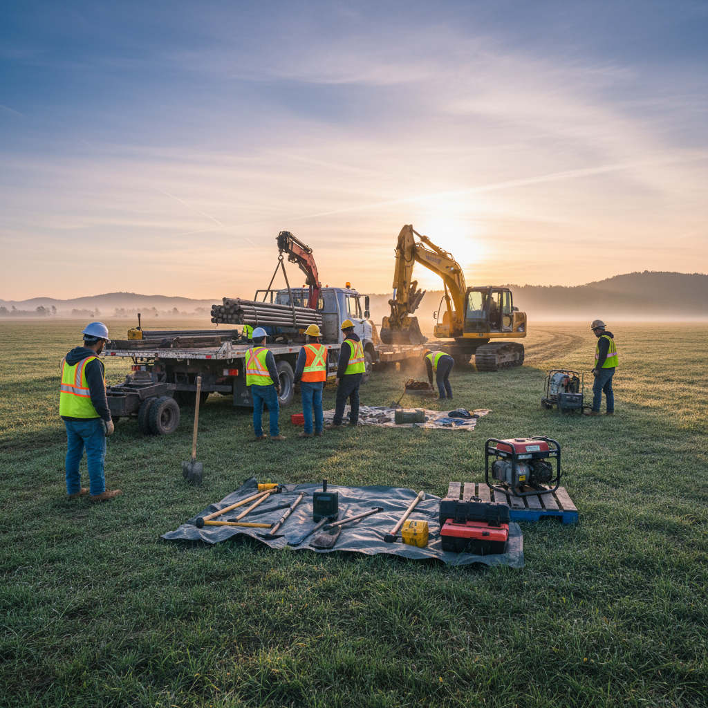 Construction crew unloading equipment at a field staging area at dawn