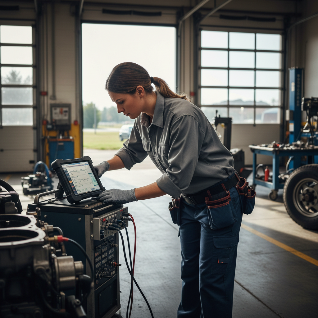 Female automotive technician in a clean workshop performing electrical diagnostics