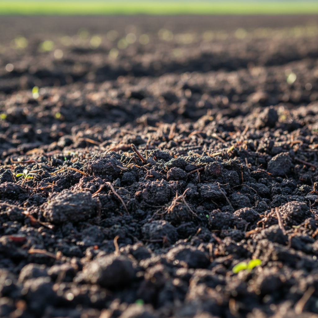 Close-up of dark fertile soil with green seedlings emerging, bright natural lighting, earthy tones