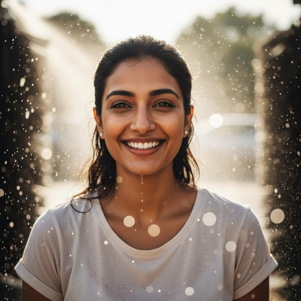 Priya Nambiar, smiling South Asian woman with dark hair, happy customer at Suds car wash