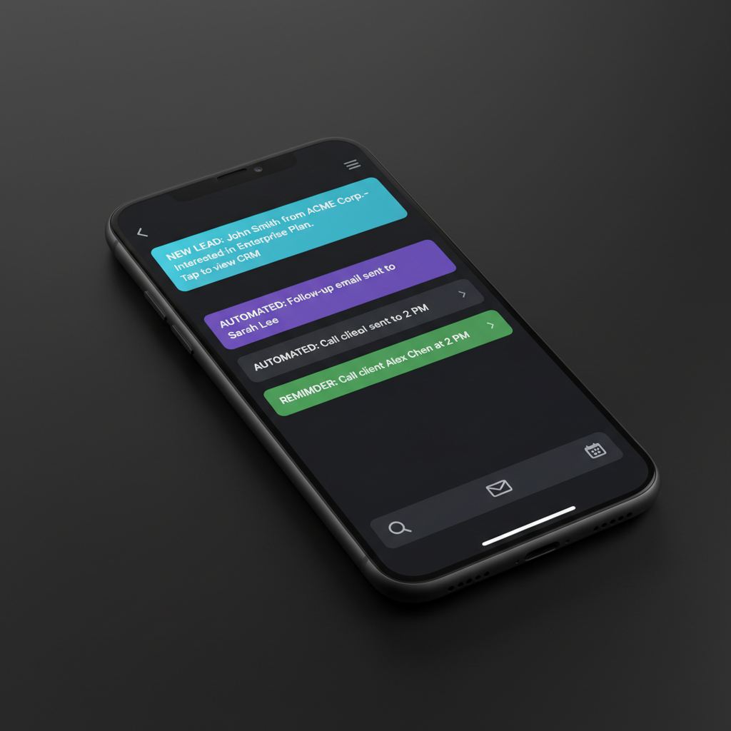 Mobile phone showing messaging interface with automated notifications and lead alerts in dark mode